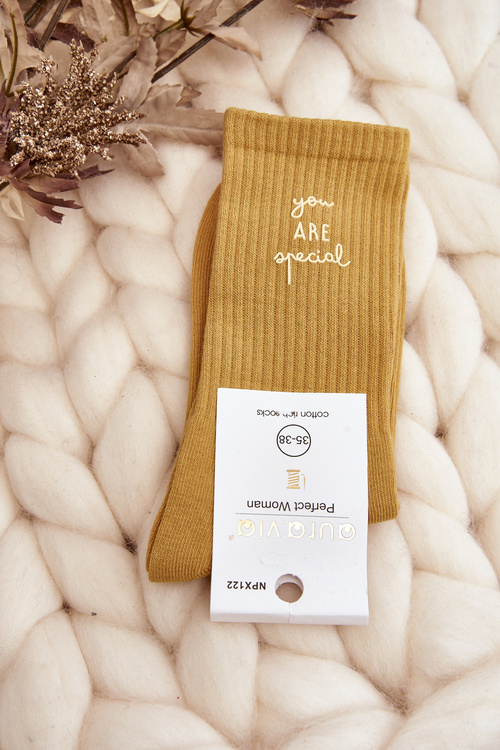 Women's Plain Socks With Yellow Text