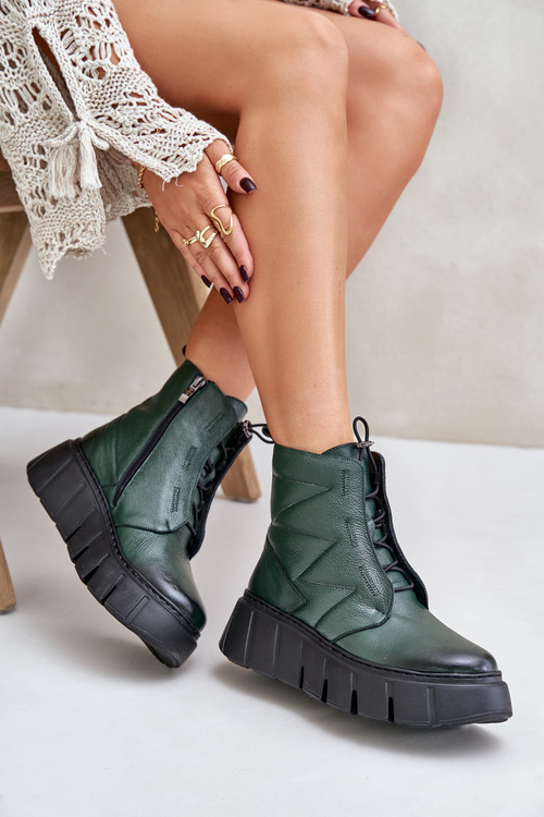 Zazoo 60472 Leather Ankle Boots On Platform And Wedge Dark Green