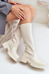 Knee Boots With Elastic Shaft On Flat Heel Light Beige Mesidra