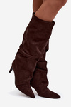 Wrinkled High Heel Boots Made of Eco Suede Insulated Chocolate Mavella