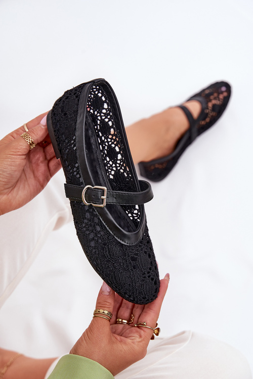 Damskie Baleriny Z Paskiem Ażurowe Czarne Orphali