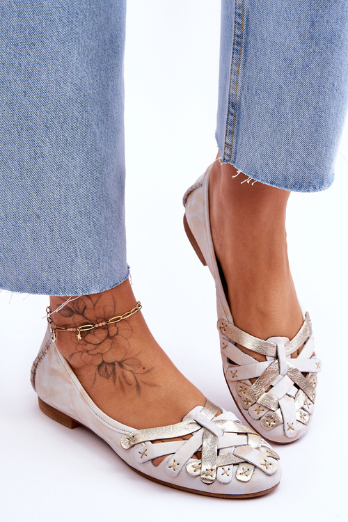 Baleriny Damskie Skóra Beżowo-Złote Maciejka 01358-22