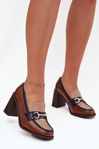 Women's Low Heel Shoes with Embossing and Gold Detail Beige-Brown Novella