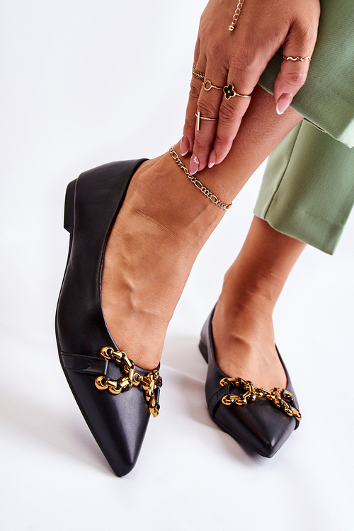 Baleriny Damskie Skóra Szpic Ozdoba Czarne Carlos