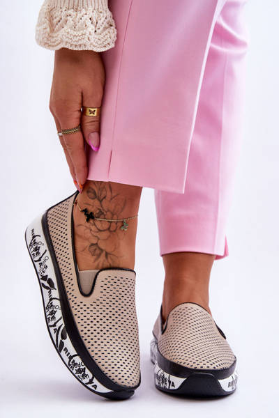 Tenisówki Damskie Ażur Skóra Slip-On Beżowe Sorito