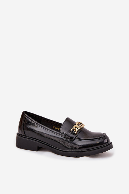 Lacquered Women's Loafers With Gold Decoration S Bar ski HY52 539 Black