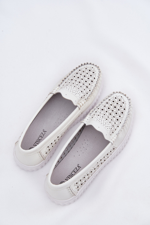 Damskie Ażurowe Mokasyny Skóra Naturalna Białe Vinceza 88028