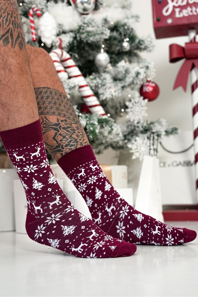 Men's Christmas Socks Norwegian Pattern Burgundy