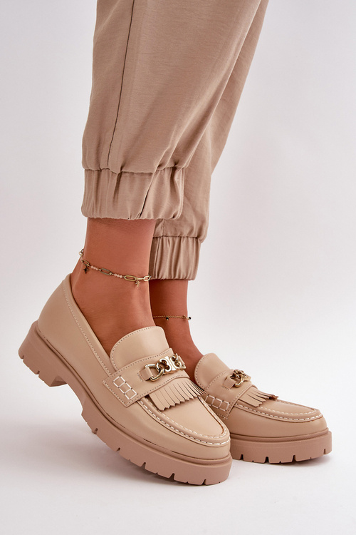 Damskie Mokasyny Eko Skórzane Złota Ozdoba Beżowe Zanita