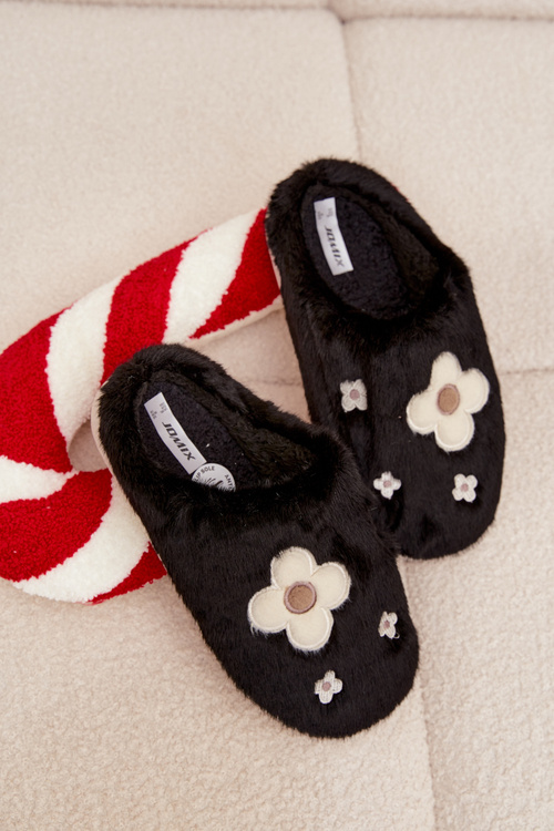 Furry slippers with flowers Black Selinne