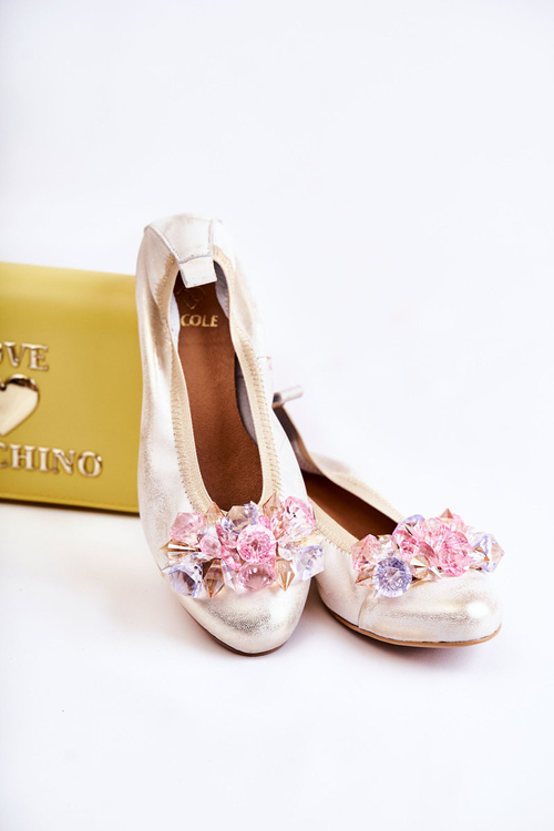 Zazoo 2749 Women's Leather Ballerina Flats with Crystals White-Gold