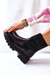 Elastic Fabric Boots Black With Cubic Zirconia XOXO