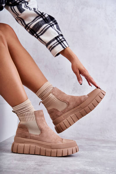 Fashionable Slip-On Boots On The Platform Dark Beige Jenna