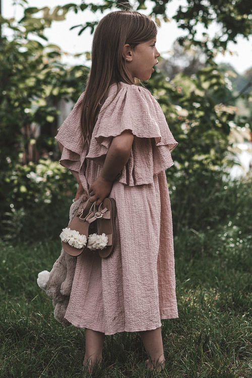 Fashionable Children's Sandals With Flowers Beige-gold Poly