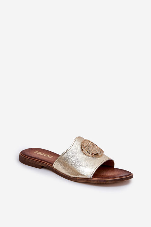 Zazoo 2938 Leather Slippers On Flat Heel With Decoration Gold