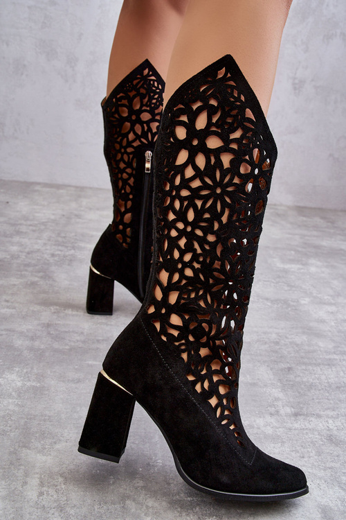 Kozaki Zamsz Ażur Czarne Lewski Shoes 3234