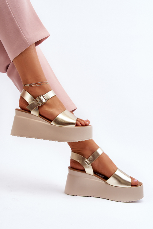 Sandały Damskie Na Koturnie Złote PS18