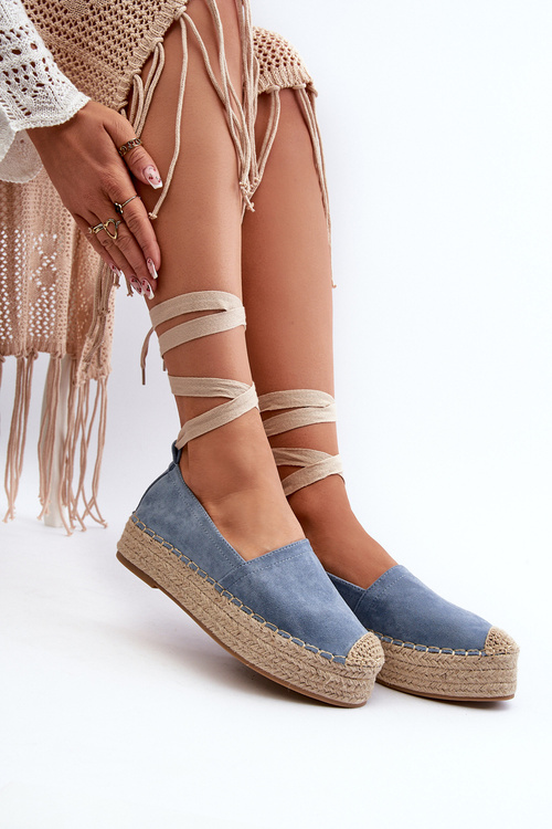 Wiązane Espadryle Damskie Na Platformie Z Plecionką Niebieskie Tailesse