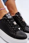 Sneakersy Eko Skóra Platforma Ozdoby Damskie Czarne Herbisa EV-307