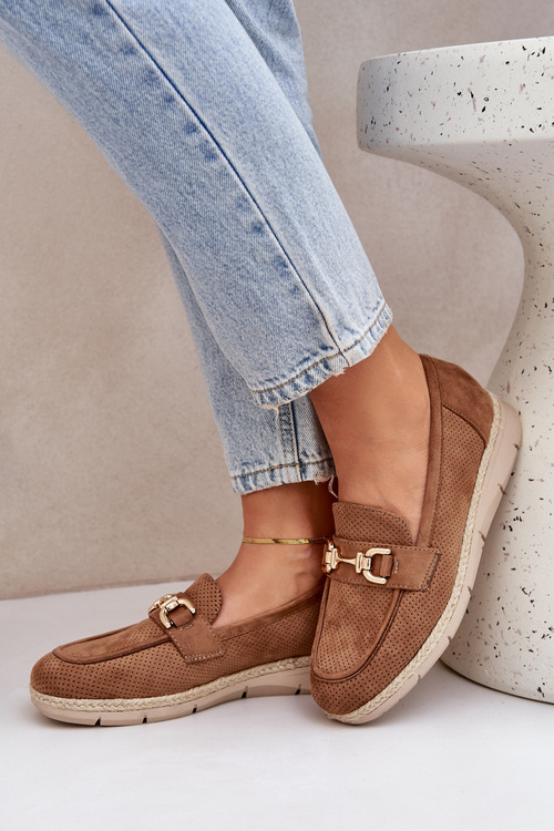 Mokasyny Damskie Ażurowe Jutowa Plecionka Złota Ozdoba Brązowe Lainer