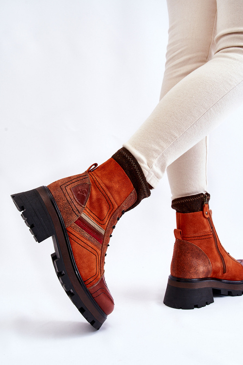 Botki Damskie Skóra Płaski Obcas Pomarańczowo-Brązowe Maciejka 05624-08