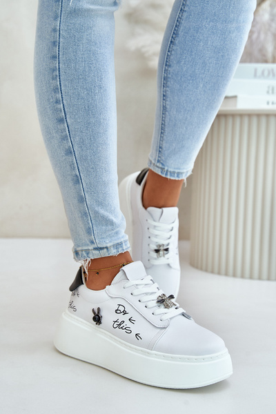 Sneakersy Skóra Platforma Przypinki Napis Białe Vinceza 89102