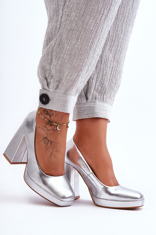 Leather Heels on a Massive Heel Silver Rosalia