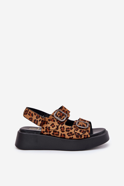 Ladies Platform And Wedge Sandals With Buckles Leopard Brown Genorre