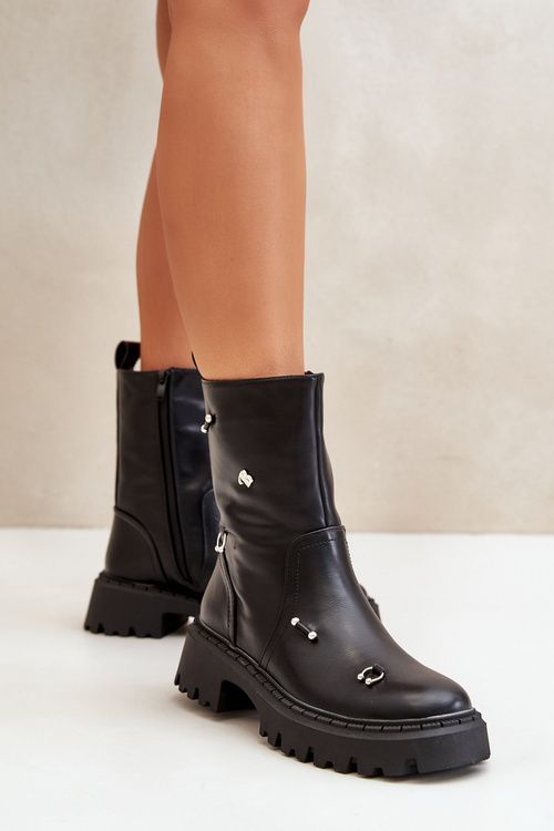 Eko Skórzane Botki Workery Na Zamek Ozdobne Detale Czarne Reritha