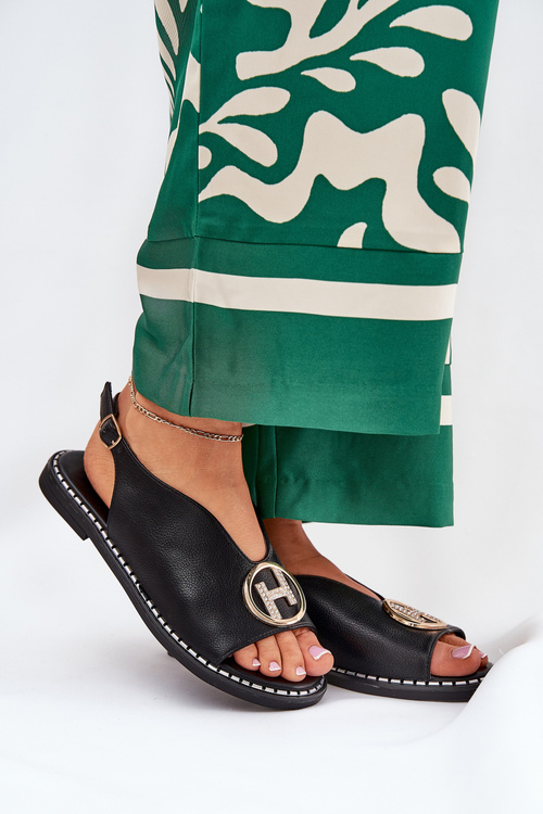 Flat Elegant Sandals With Decoration Black Iseliria