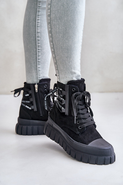 Women's Platform Boots With Decorative Lacing Black Edidda