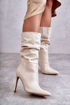 Crinkled Leather Boots On A High Heel Light beige Caren