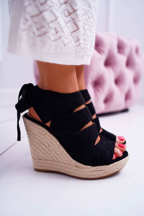 Sandały Damskie Na Koturnie Lniane Wiązane Czarne Cantare