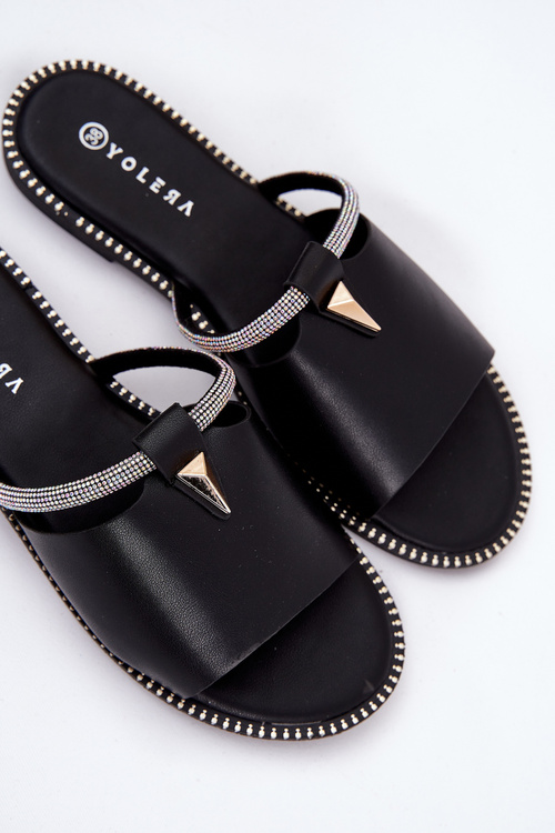Eco Leather Slippers On Flat Heel With Decorative Strap Black Hirtewi