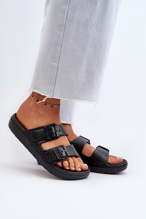 Klapki Z Brokatem Damskie Czarne Brianella SS-135