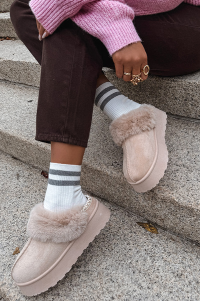 Damskie Śniegowce Z Haftem I Futerkiem Beżowe Querina