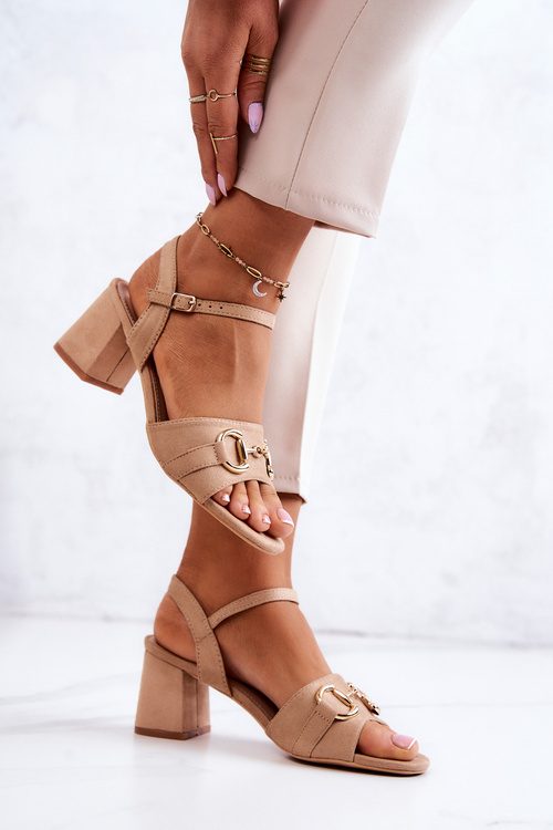 Sandały Zamszowe Obcas Słupek Ozdoba Beżowe Darlen