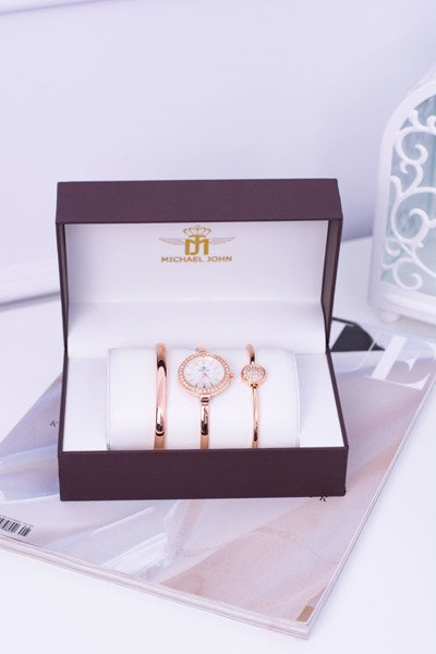 Michael John Women's Watch Set Two Bracelets Pink Gold