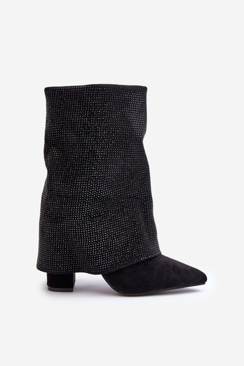 Embellished Shiny Ankle Boots With Turned Shaft On Block Heels Insulated Black Xistaria