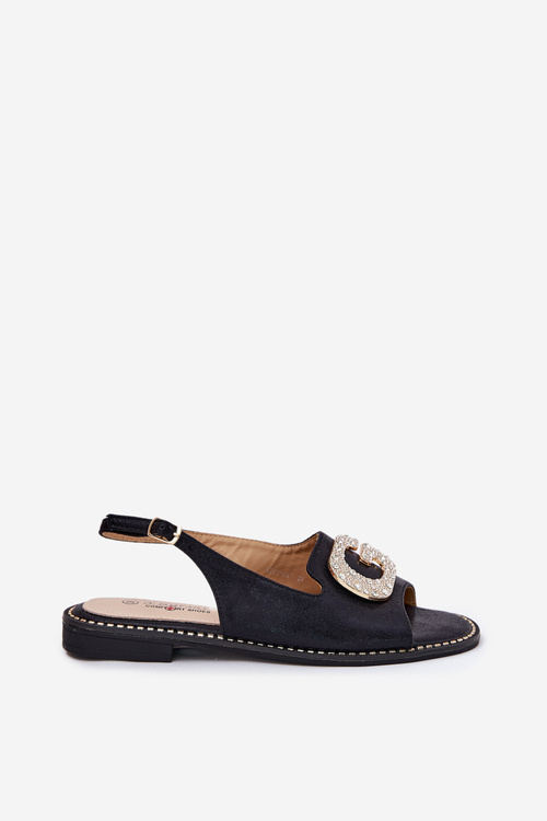 Sandały Damskie Z Eko Skóry Ozdobny Detal Płaski Obcas Czarne S.Barski KV51-081