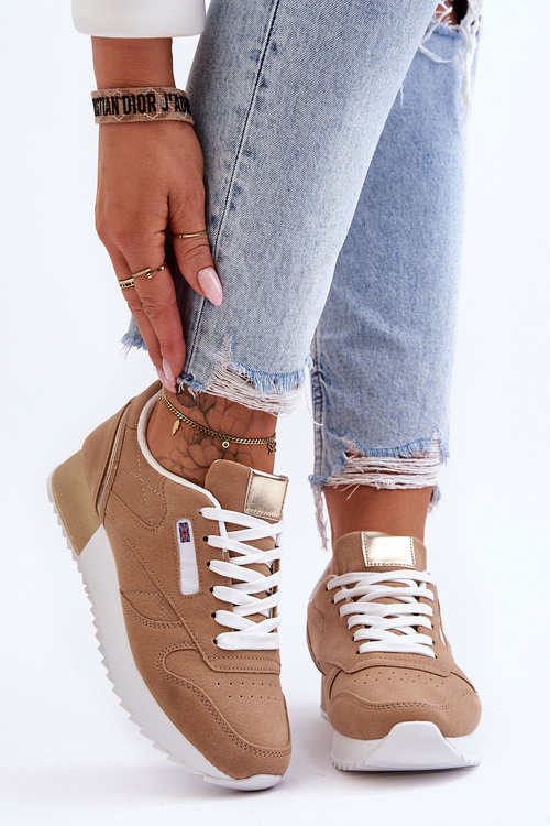 Leather Lace Up Platform Sports Shoes Beige Merida