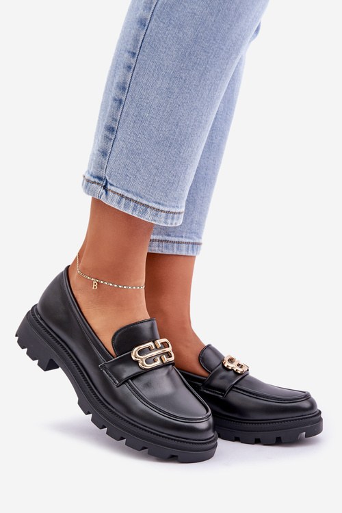 Eko Skórzane Mokasyny Damskie Z Ozdobą Czarne Trionna