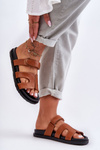 Leather Classic Women's Slippers With Velcro Brown Amedon