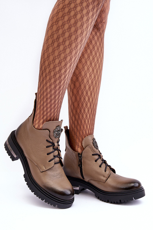 Botki Damskie Skóra Płaski Obcas Beżowe Lemar Charline 60309