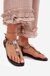 Ladies Flat Sandals With Crystals Black Fiolalia