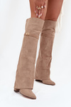 Insulated boots with rolled-up shaft over the knee heel block beige Serelle