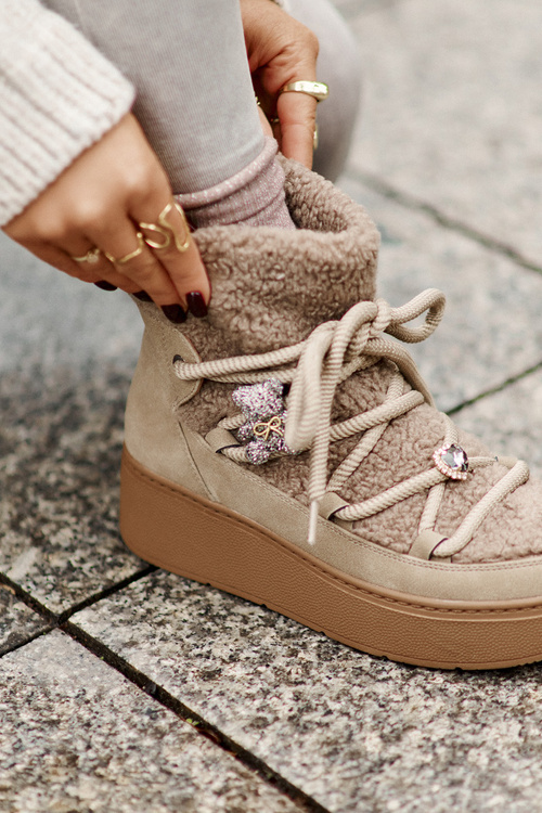 Damskie Śniegowce Na Platformie Z Przypinkami I Futerkiem Brązowe Almatiza