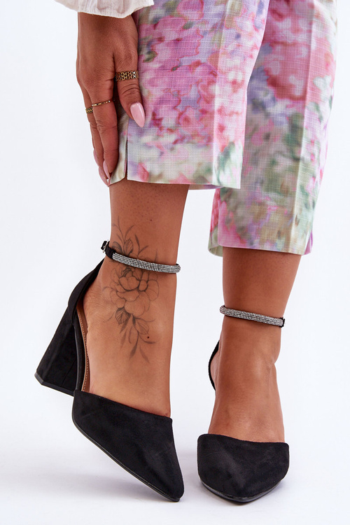 Czółenka Zamsz Cyrkonie Czarne Diamond QA207