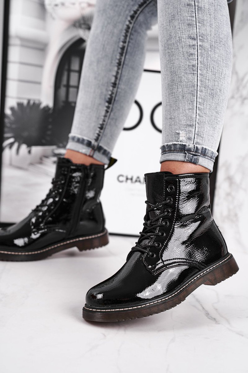 Botki Damskie Lakierowane Trapery Glany Czarne Marita