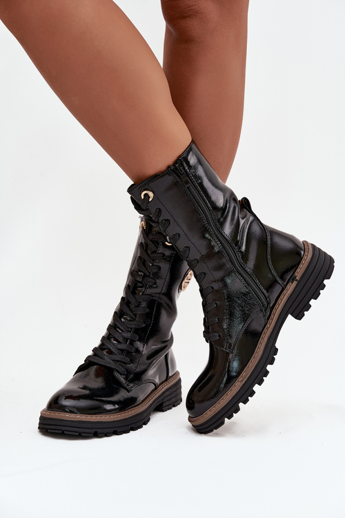 Patent leather women's work boots with gold detail insulated black Dorialine